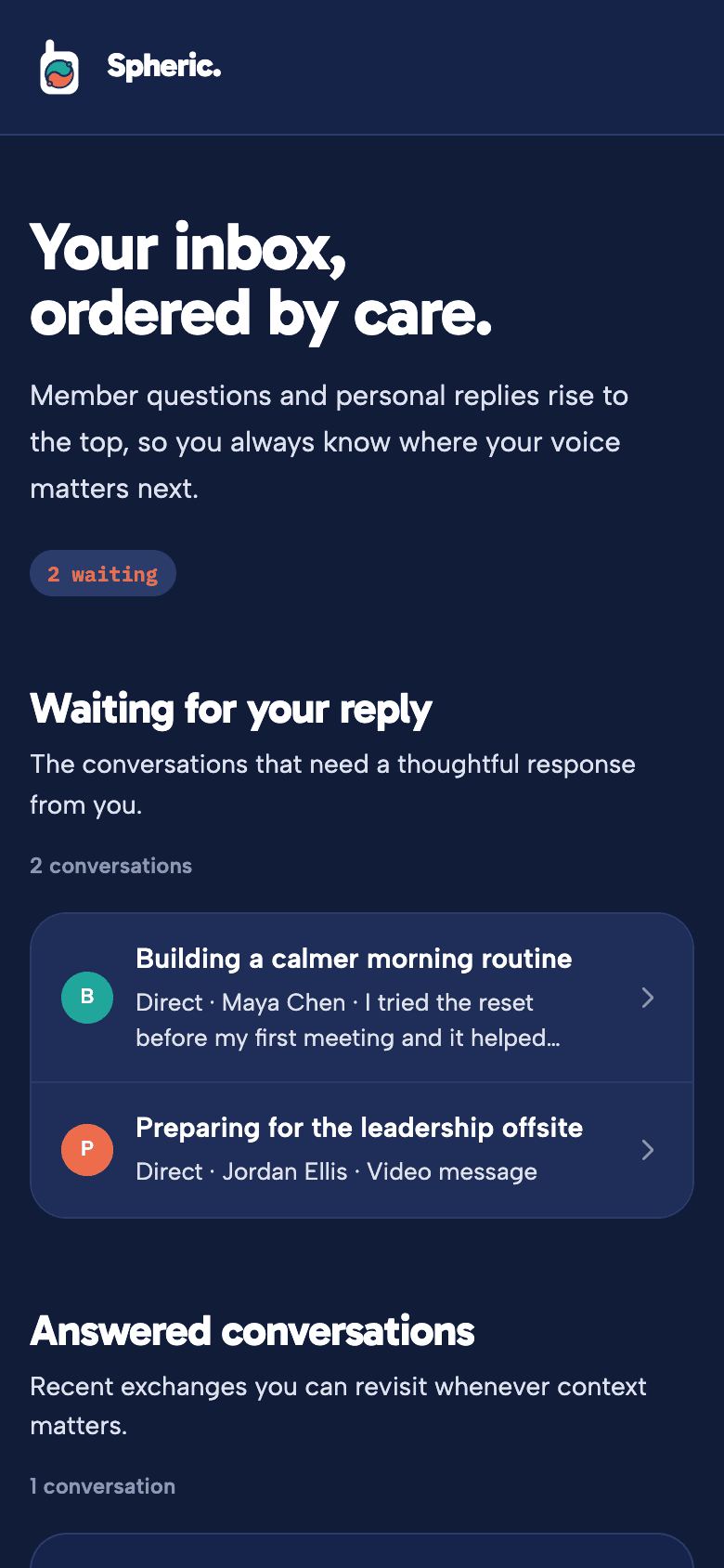 Spheric inbox showing conversations waiting for a reply