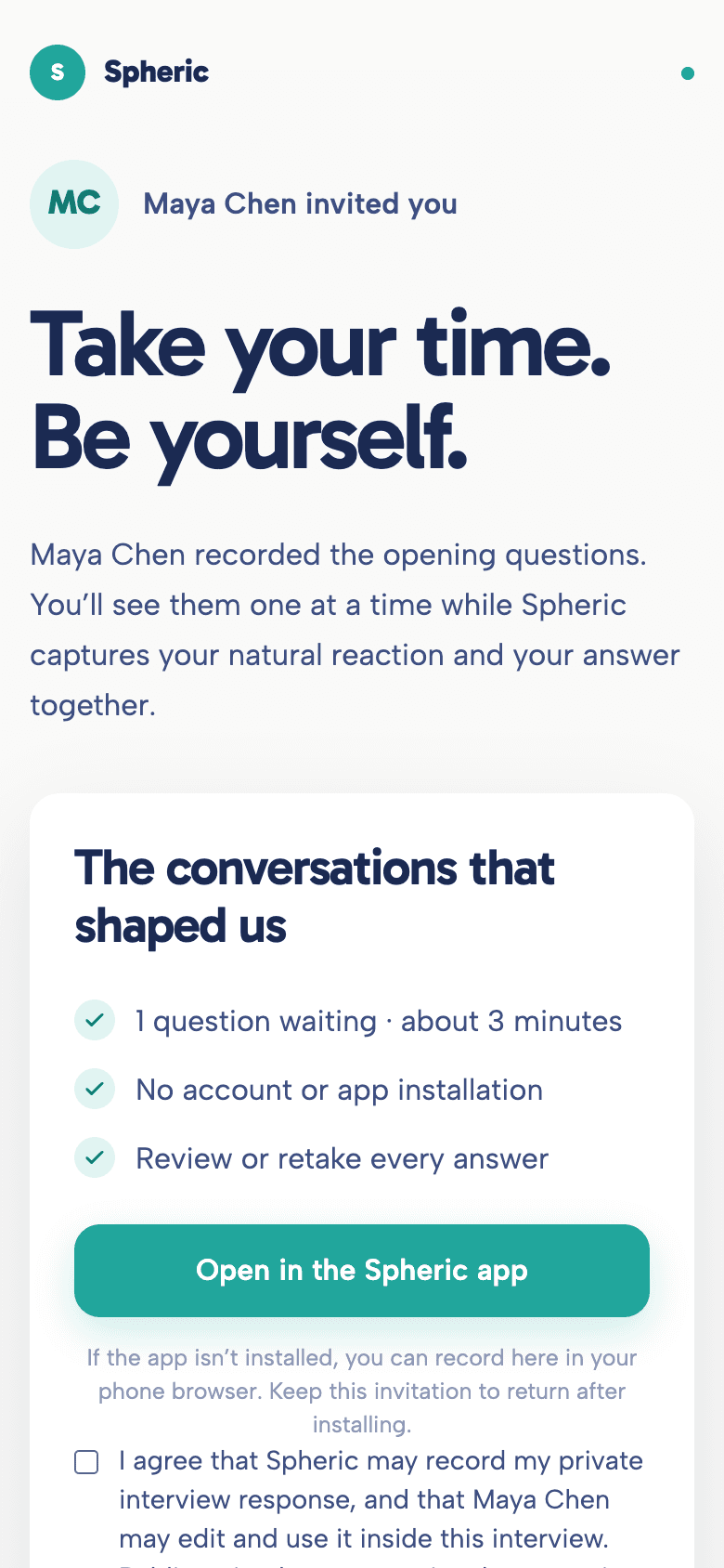 Spheric private guest invitation showing recording options
